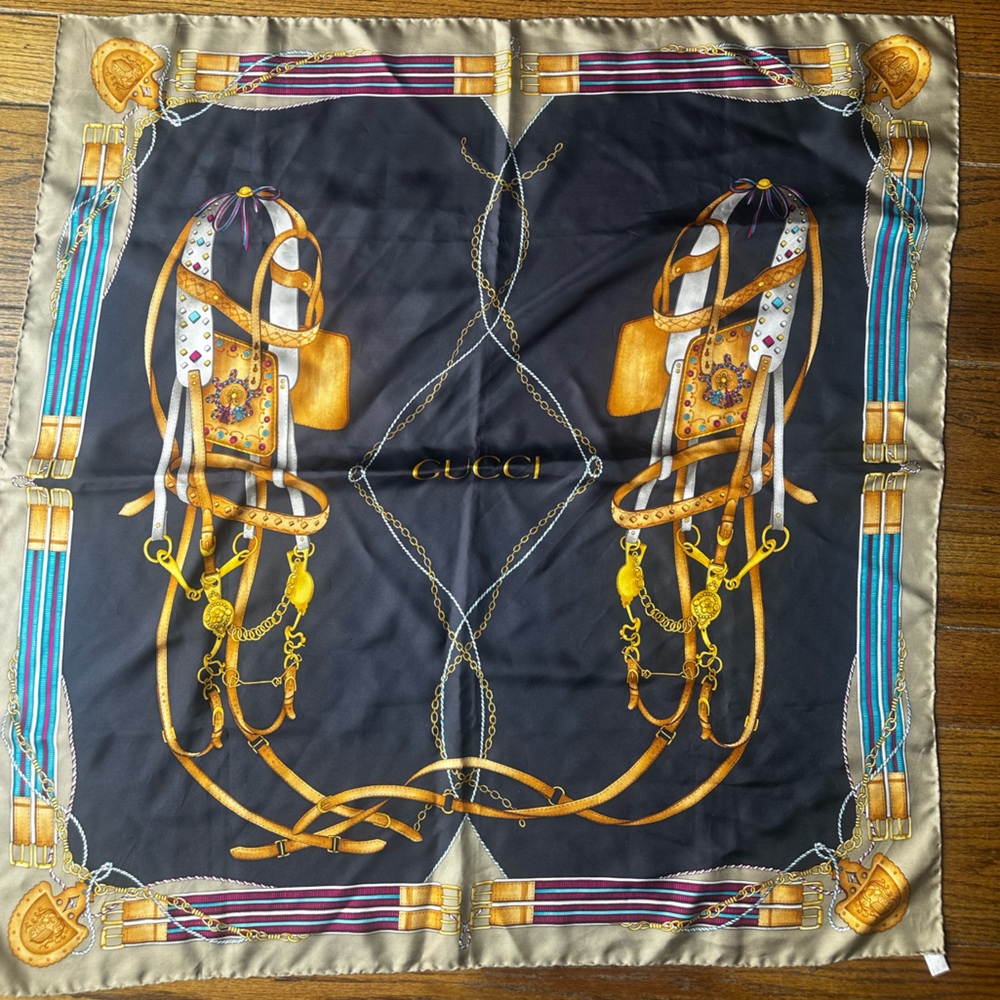 Gucci Black and Gold Equestrian Silk Scarf